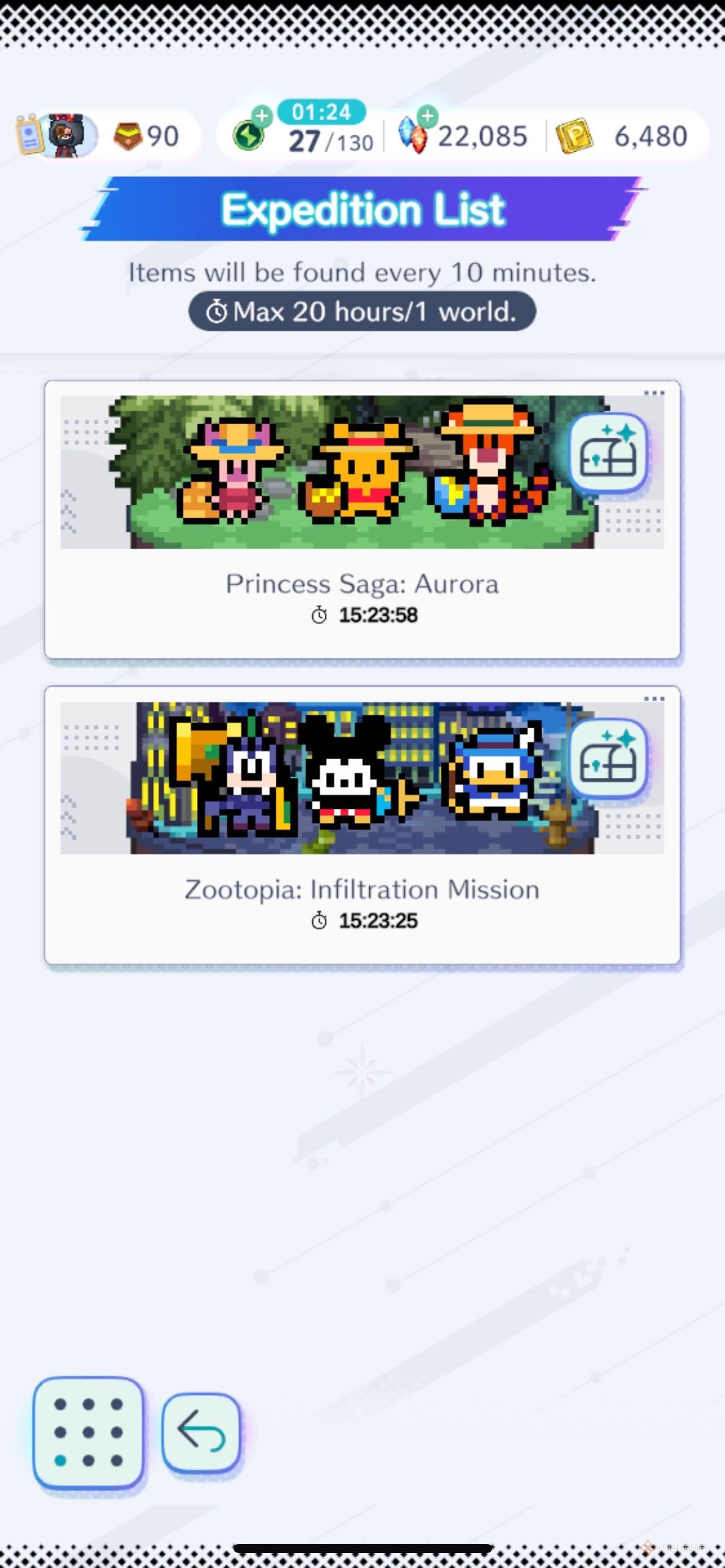 Disney Pixel RPG Expedition List showing two expeditions active at the same time.