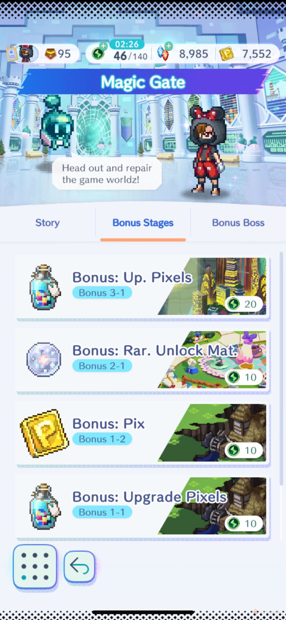 Disney Pixel RPG Bonus Stage screen showing the stages and their primary rewards.