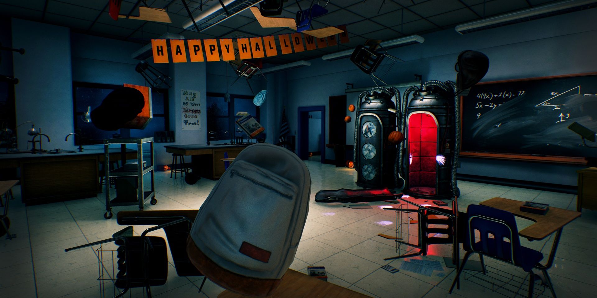 Hide And Shriek: A high school classroom with objects floating around.