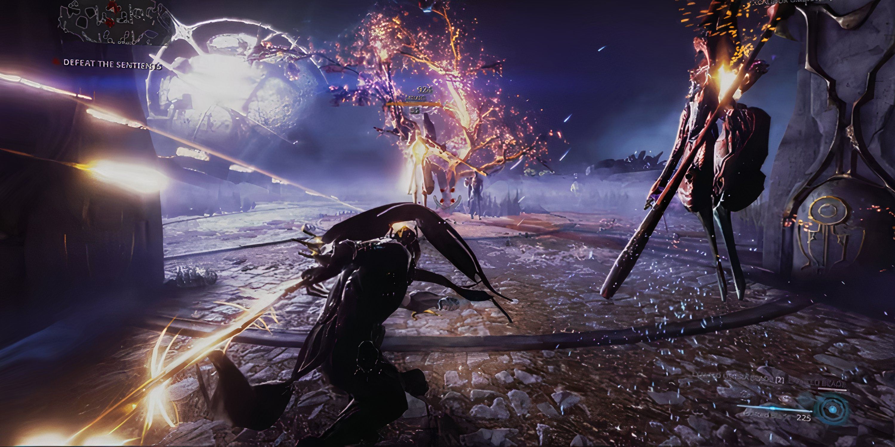 A Warframe runs toward enemies during an epic battle in space.