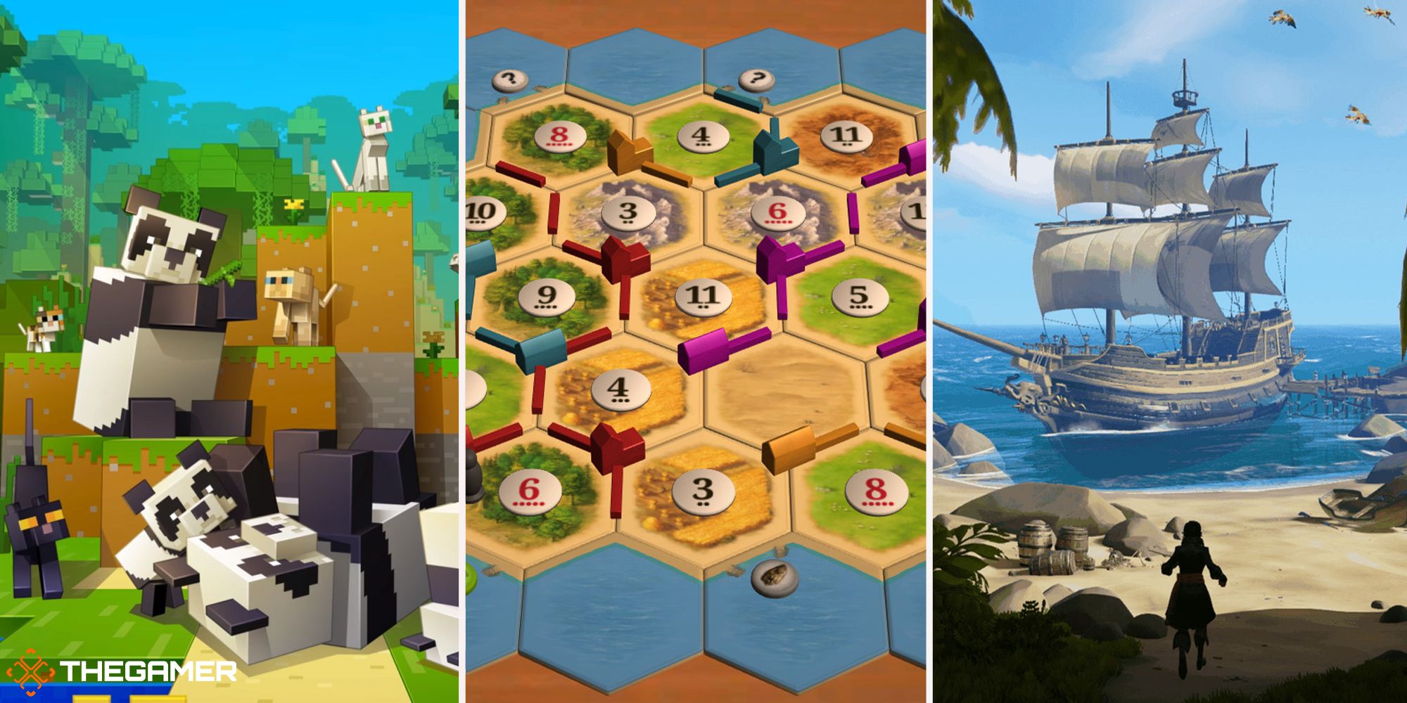 Online Multiplayer Games - Minecraft, Catan Universe, Sea of Thieves (left to right)