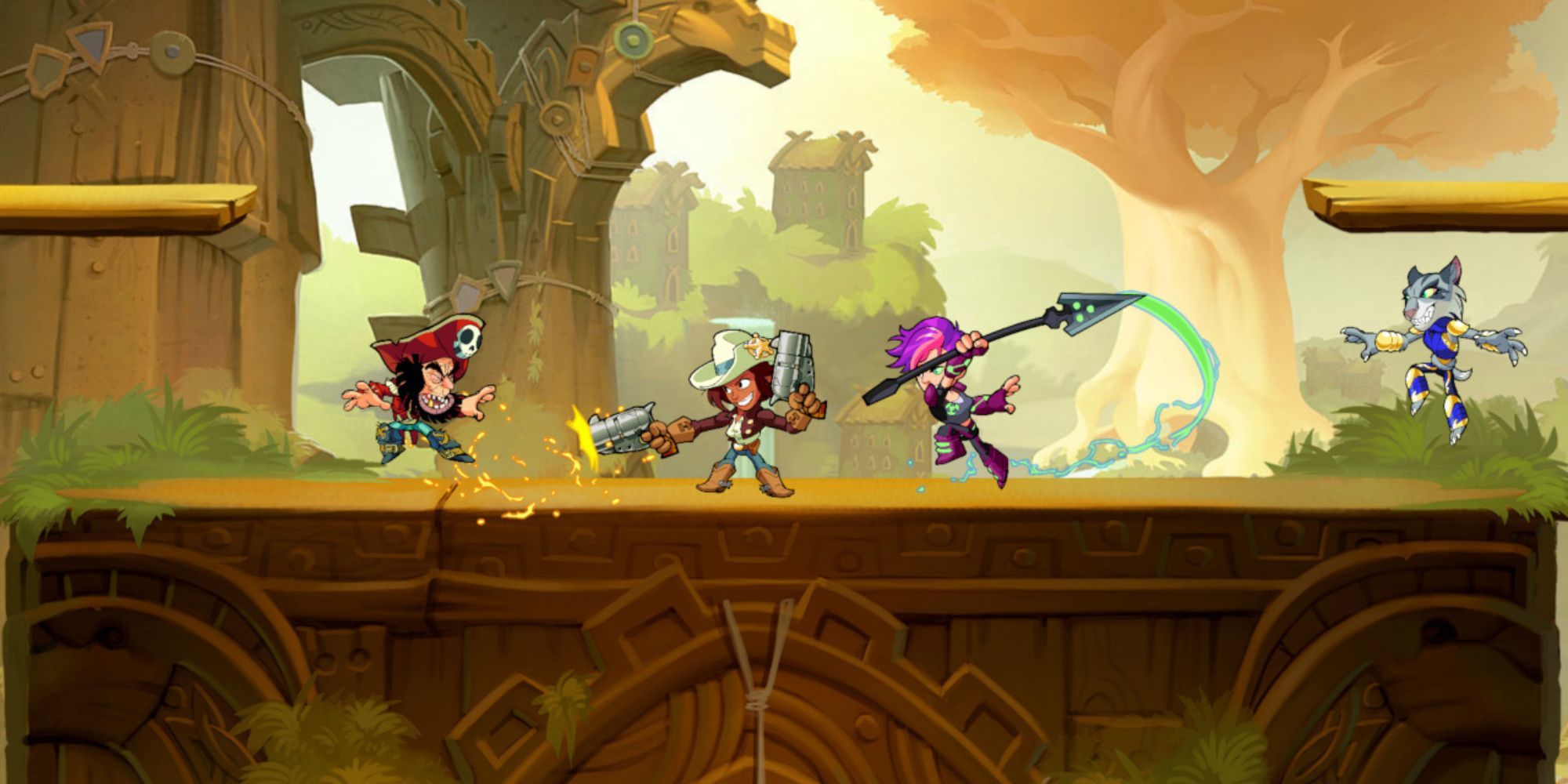 Brawlhalla: Cassidy shoots at Thatch while Asuri gets ready to attack Ada.