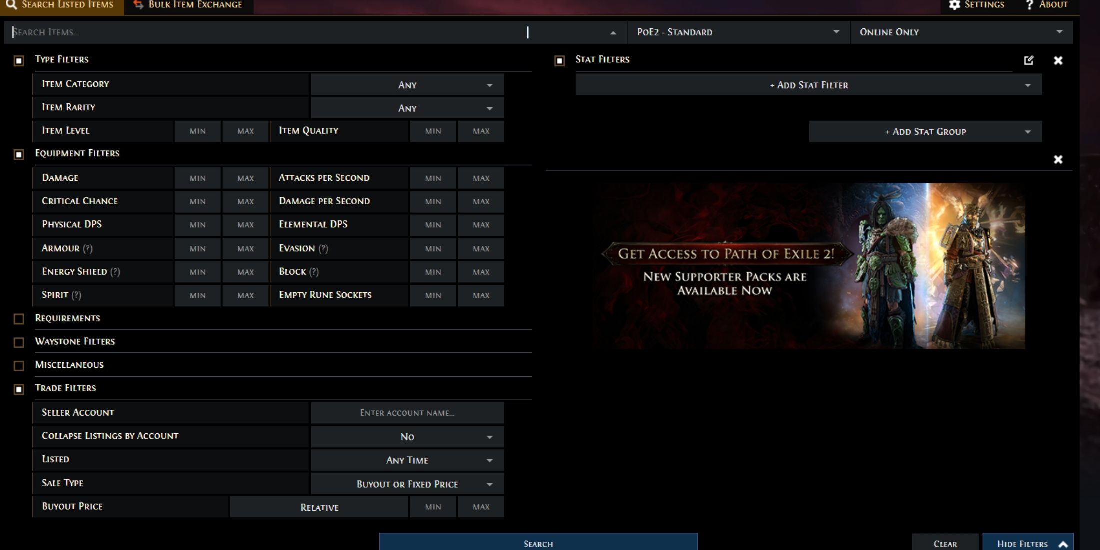 path of exile 2 trade site filters