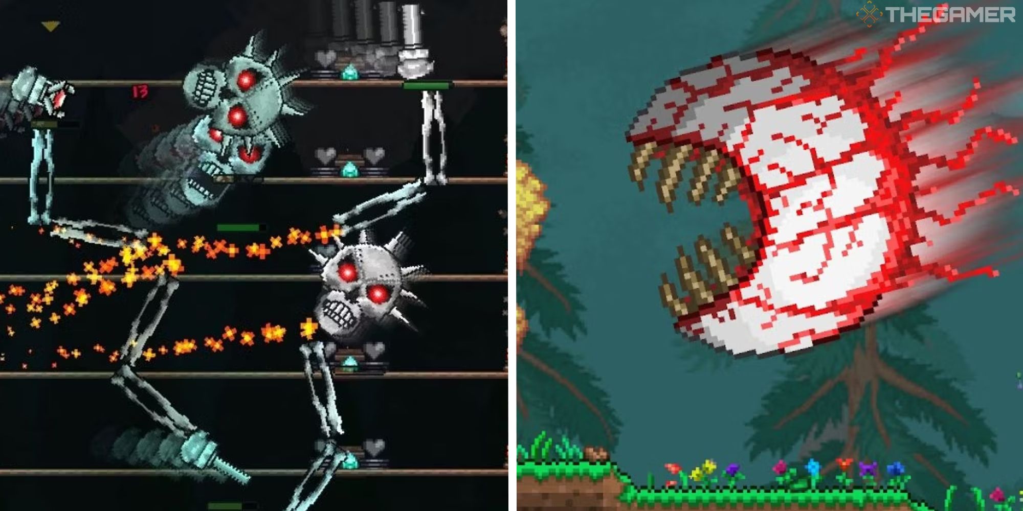 split image showing skeletron prime and the eye of Cthulhu from Terraria