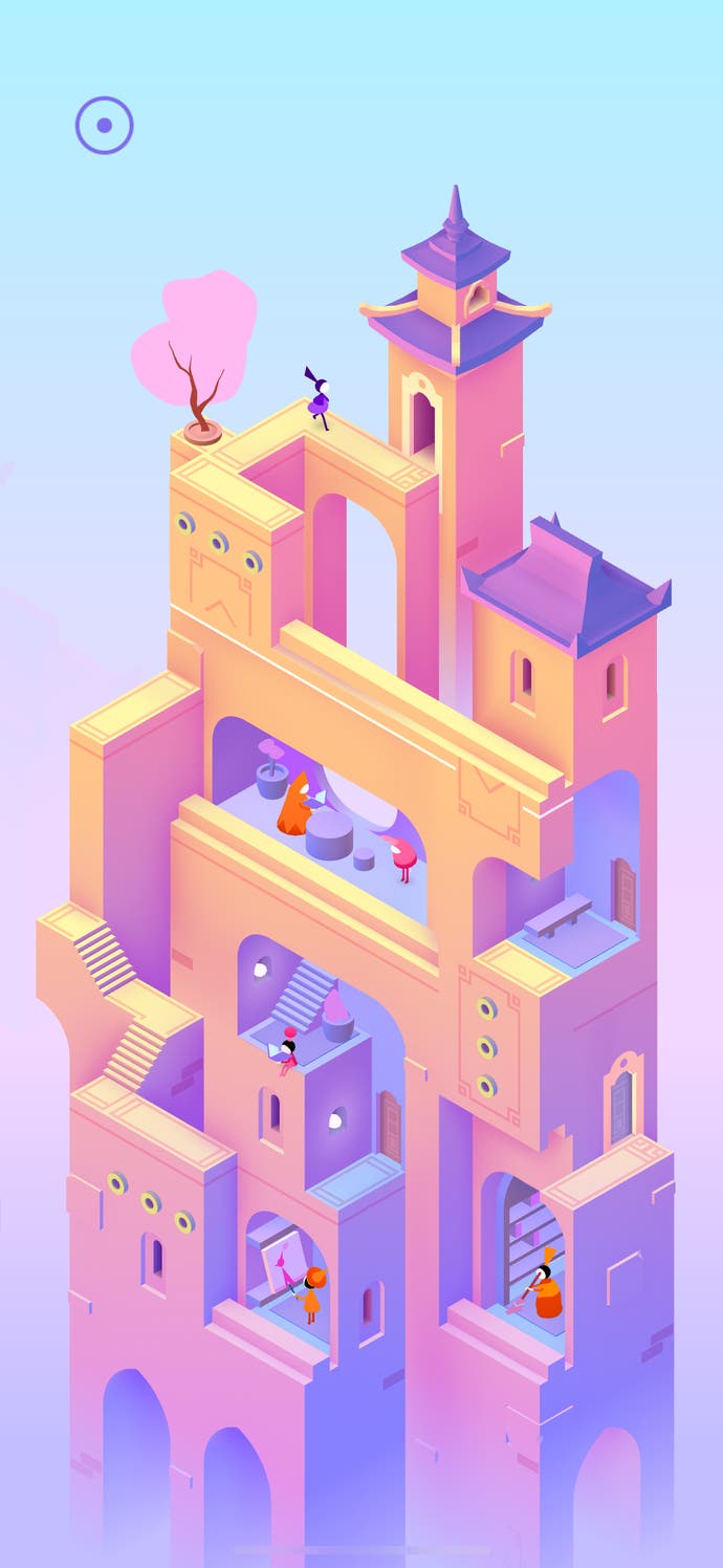 Fantastical geometrical architecture in Monument Valley 3. A tower rises into rosy light.