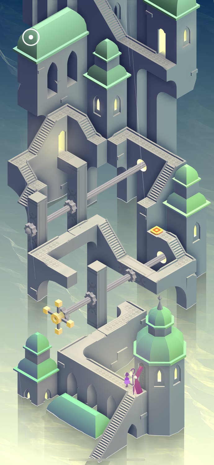 Fantastical geometrical architecture in Monument Valley 3. A complex town is all but folded in on itself.