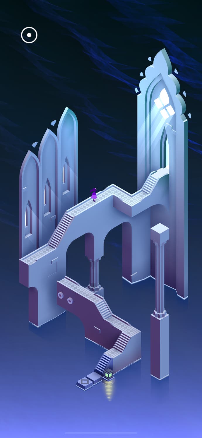 Fantastical geometrical architecture in Monument Valley 3. Cathedral-like interior walkways have carved stone panels overlooking them