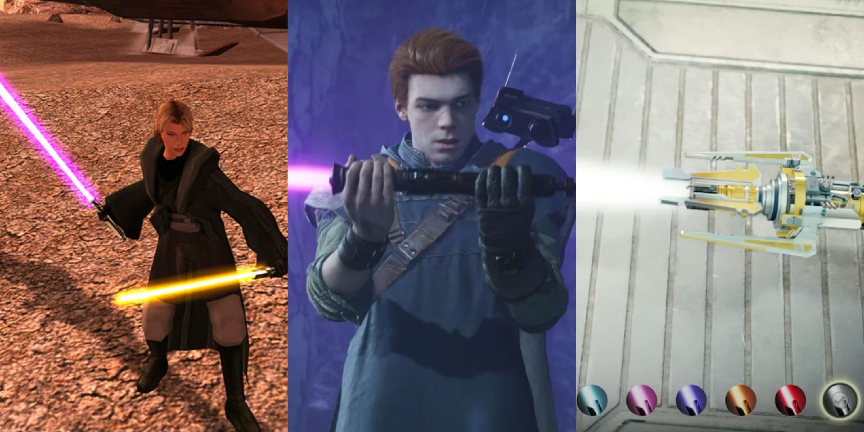 Star Wars Games That Let You Customize Your Lightsaber Like Jedi Fallen Order - Knights Of The Old republic 2, Jedi Fallen Order Purple Ligthsaber, and Jedi Survivor's White Lightsaber In The Menu