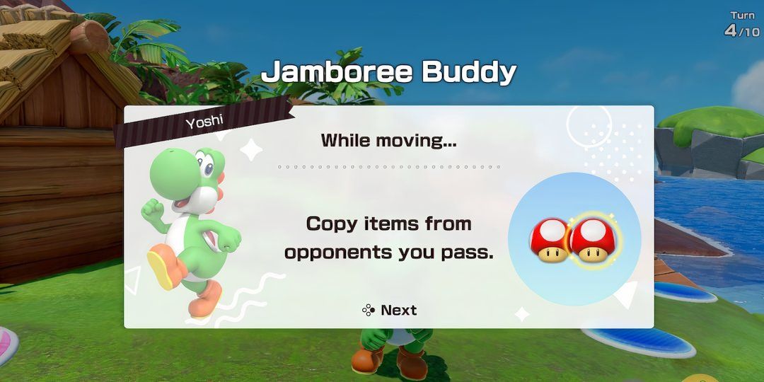 The Jamboree Buddy screen showing Yoshi's abilities as a buddy in Super Mario Party Jamboree.