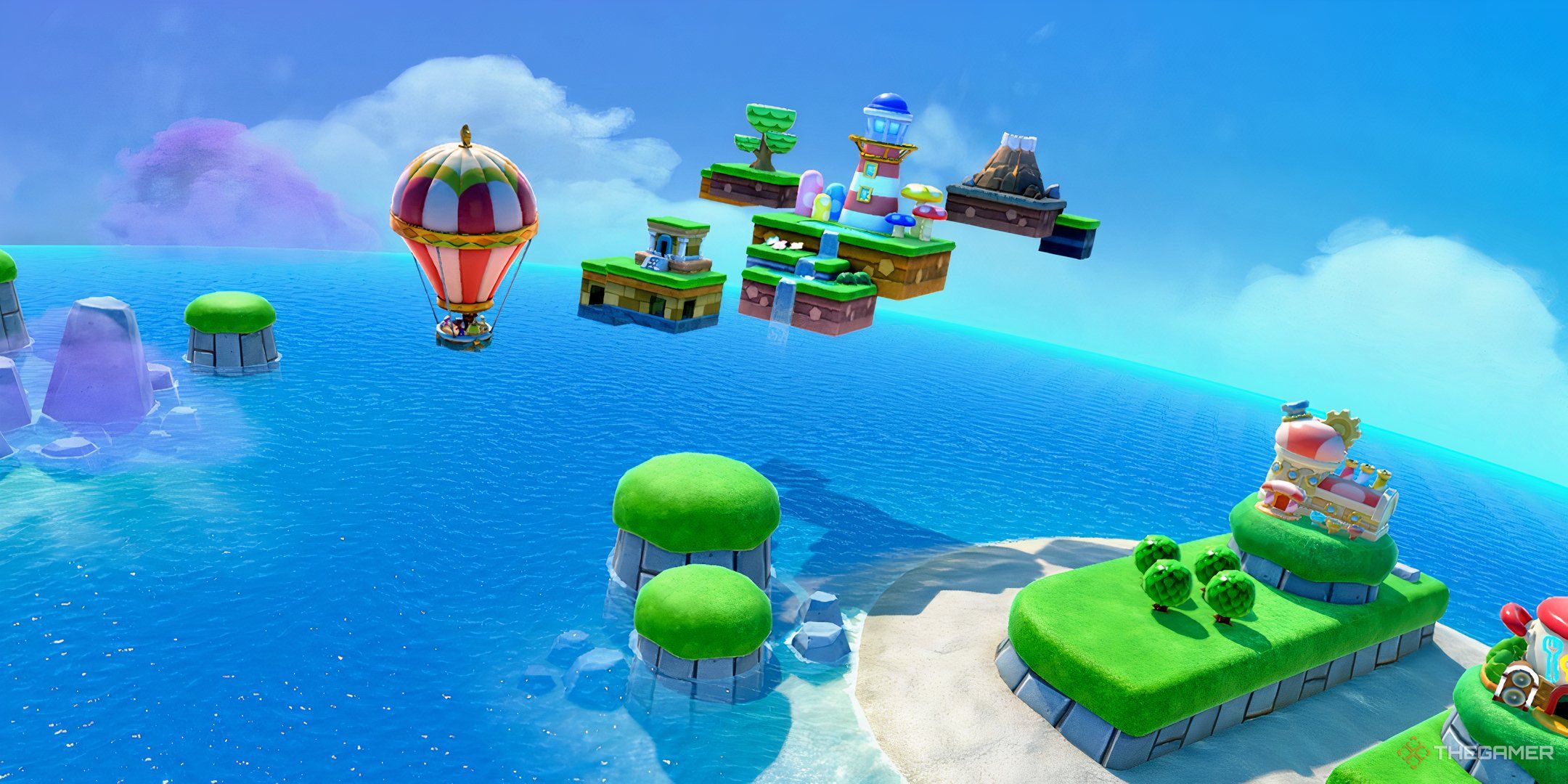 The hot air balloon flying toward the motion control games in Super Mario Party Jamboree.