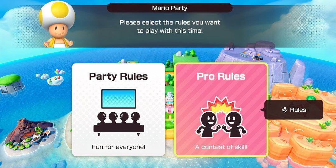 The selection screen for rules in Super Mario Party Jamboree, with Pro Rules highlighted.