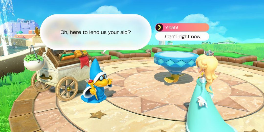 Rosalina talks to Kamek in the party plaza in Super Mario Party Jamboree. 