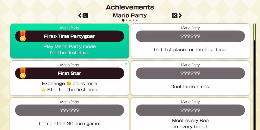 The achievements screen which showcases things like "First-time partygoer" in Super Mario Jamboree.