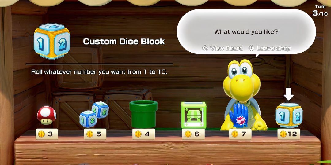 Various items for sale by a koopa in Super Mario Party Jamboree.