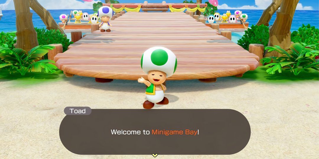 Toad welcoming players to Minigame Bay in Super Mario Party Jamboree. 