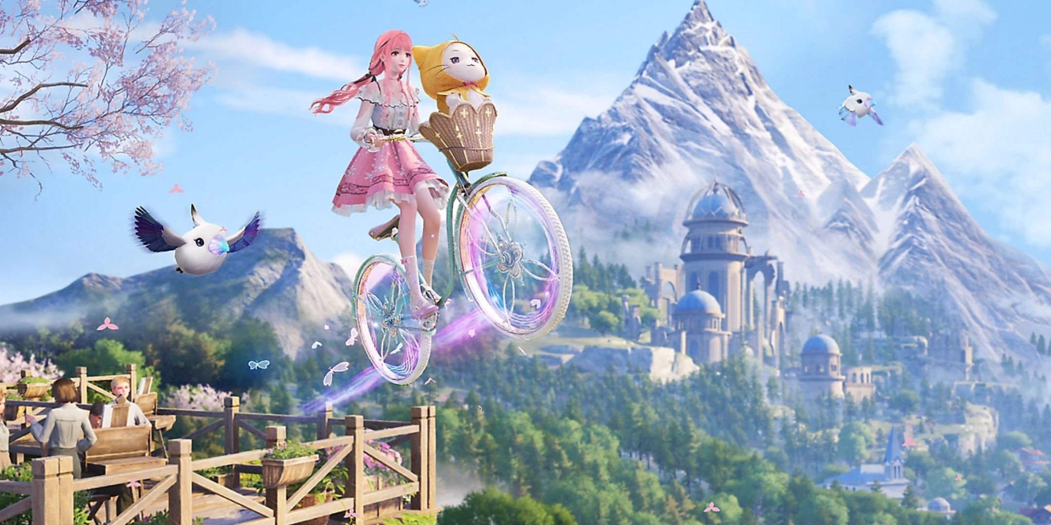 A screenshot from Infinity Nikki, showing a girl with pink hair riding a flying bike.