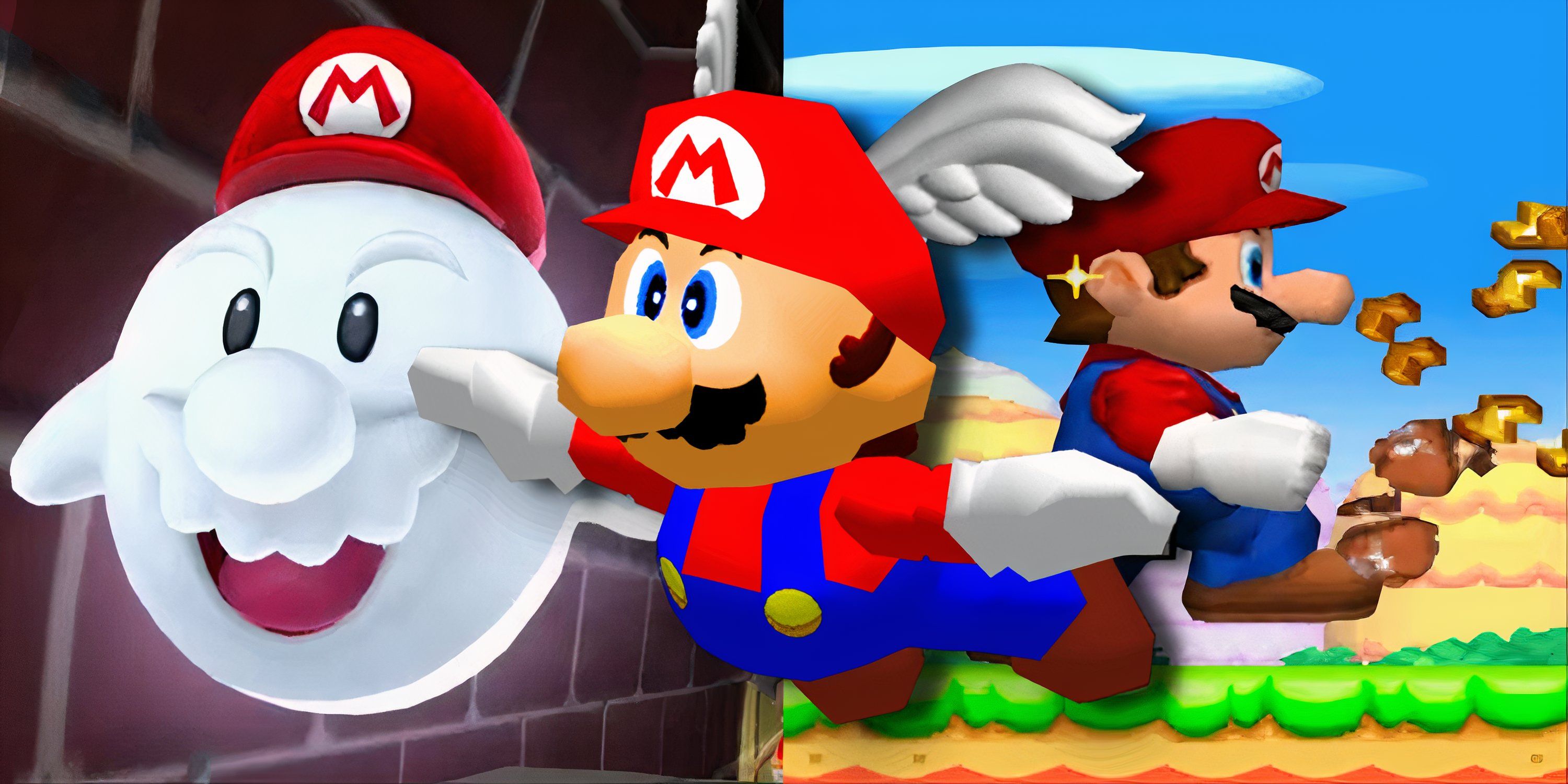 Split image of Boo Mario, Wing Mario, and Mega Mario