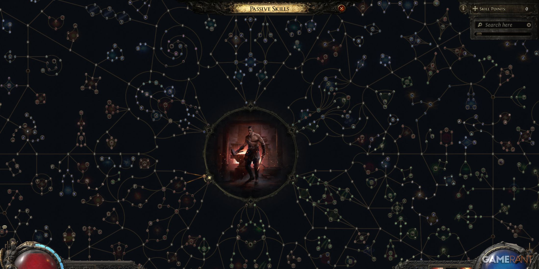 Passive skill tree in Path of Exile 2, centered on a character surrounded by numerous node paths