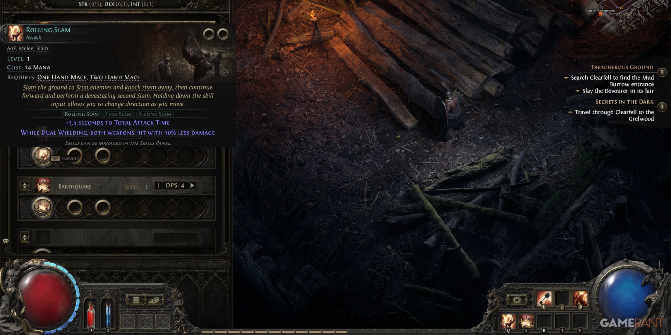 Ability selection menu in Path of Exile 2, highlighting Rolling Slam and Earthquake skills