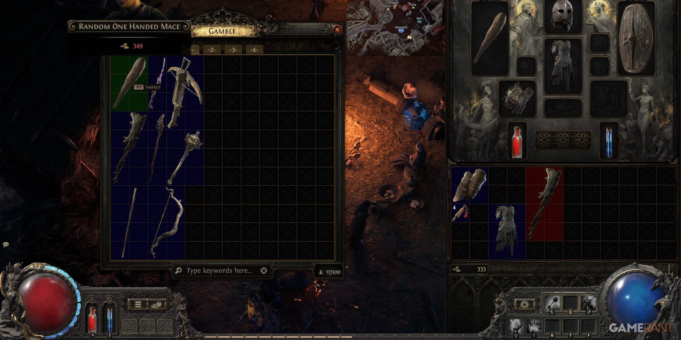 Inventory and loot screen in Path of Exile 2, showcasing gear and a one-handed mace selection