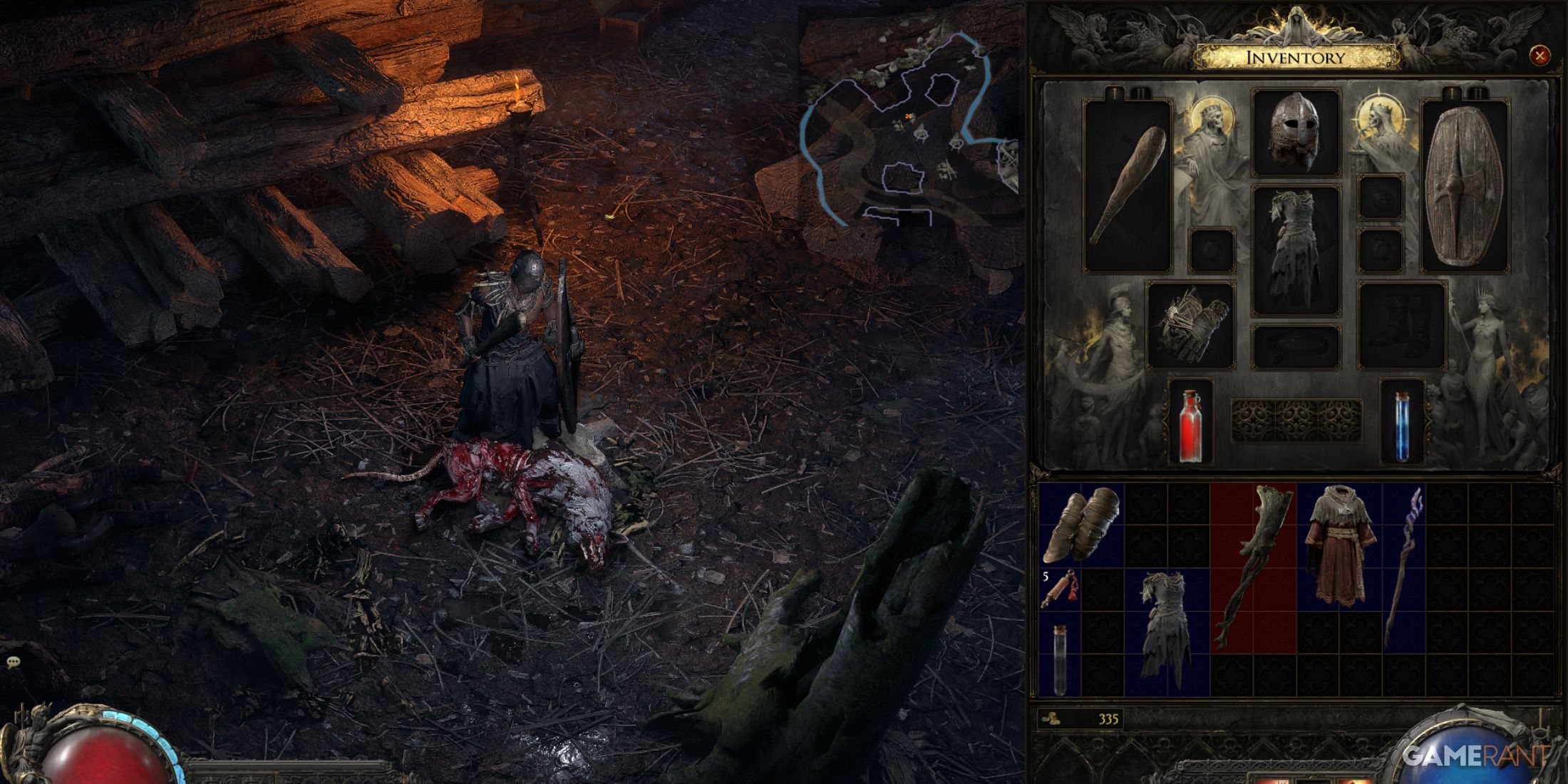 Character standing next to loot and inventory interface in Path of Exile 2