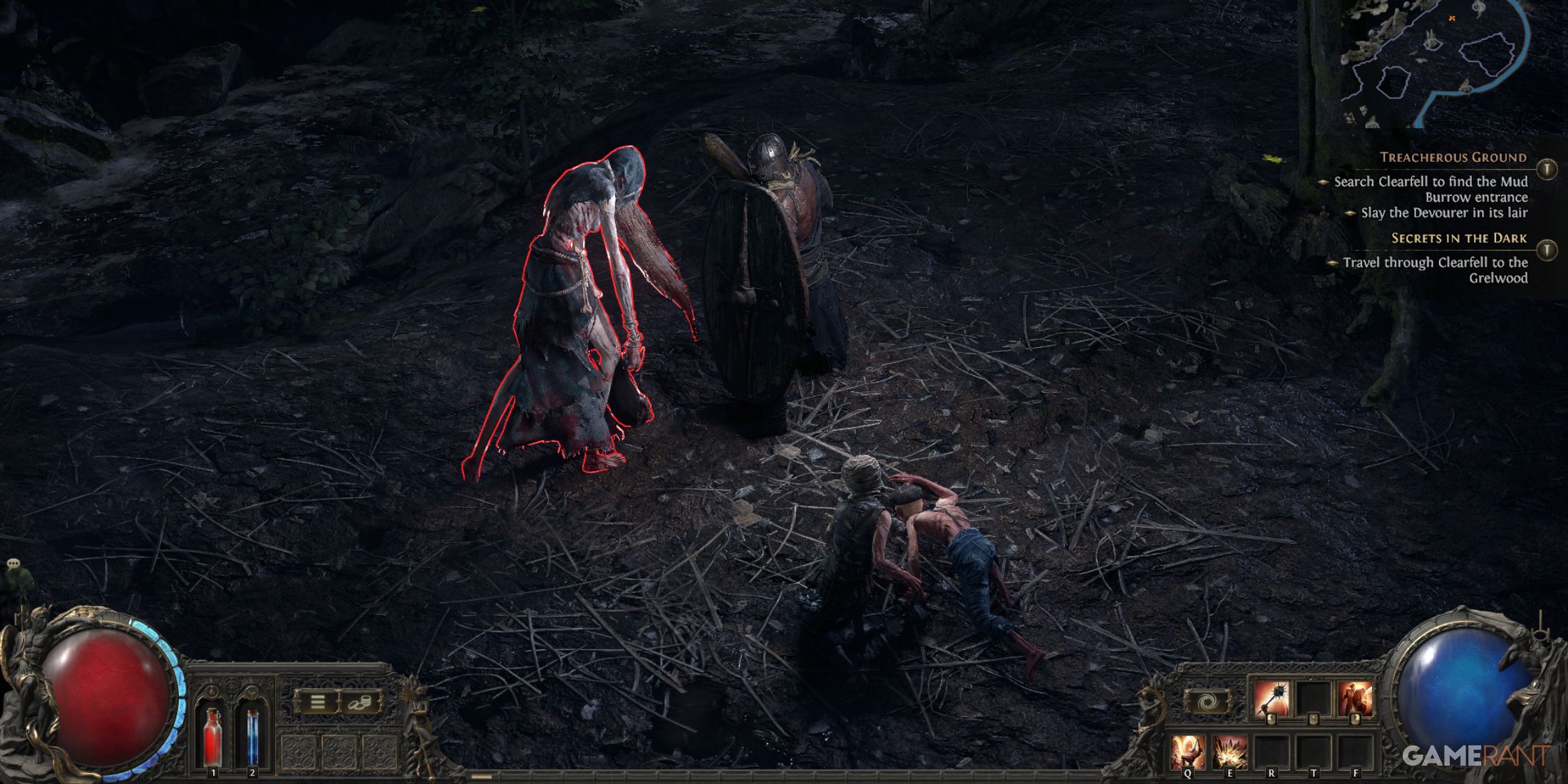 Combat scene in Path of Exile 2, featuring a player character facing a highlighted enemy