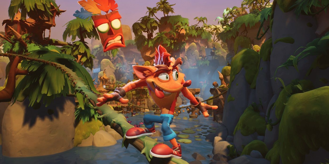 Crash Bandicoot rail grinding in a jungle