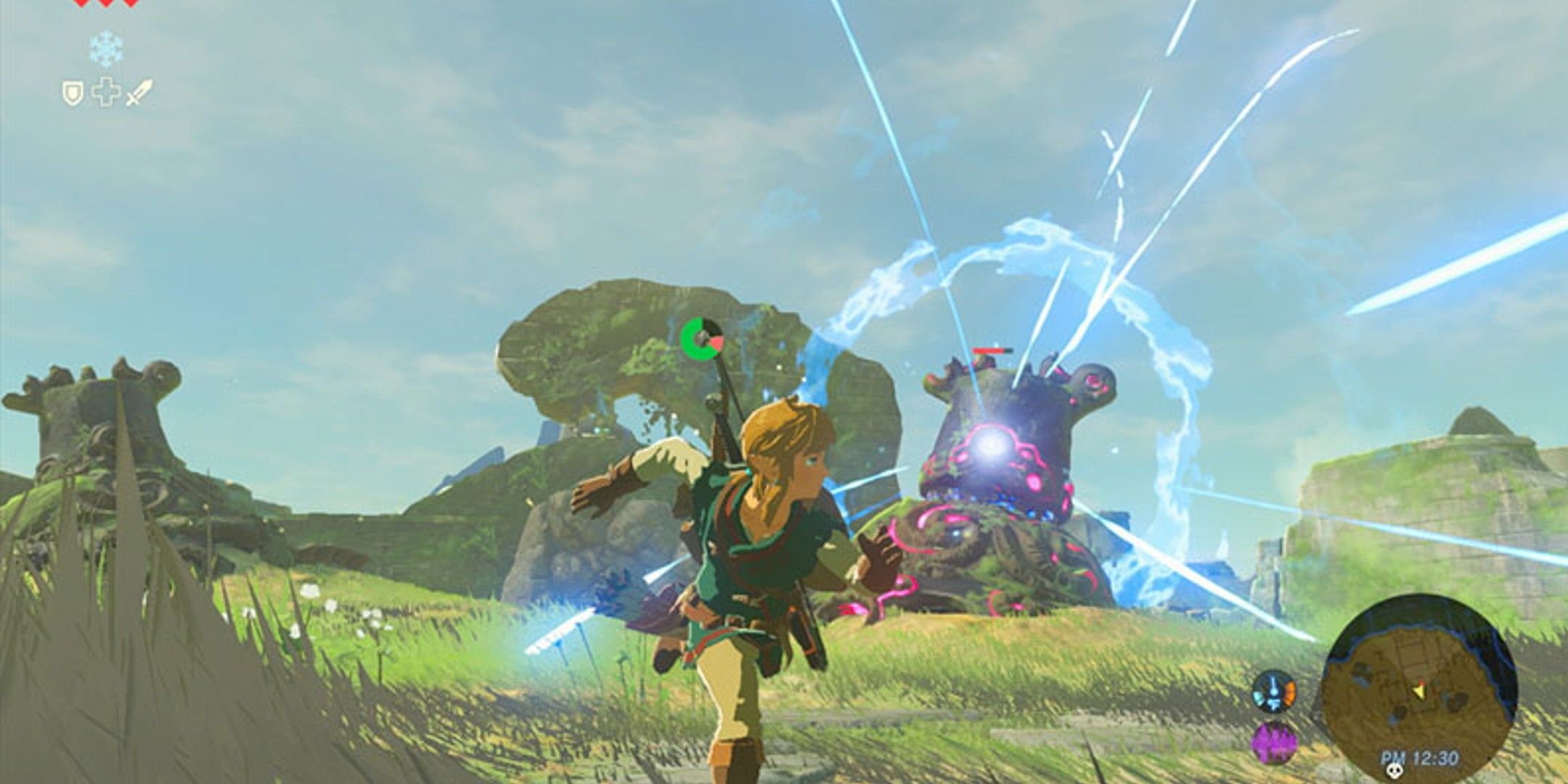 Link running away from a Guardian in Breath of the Wild.