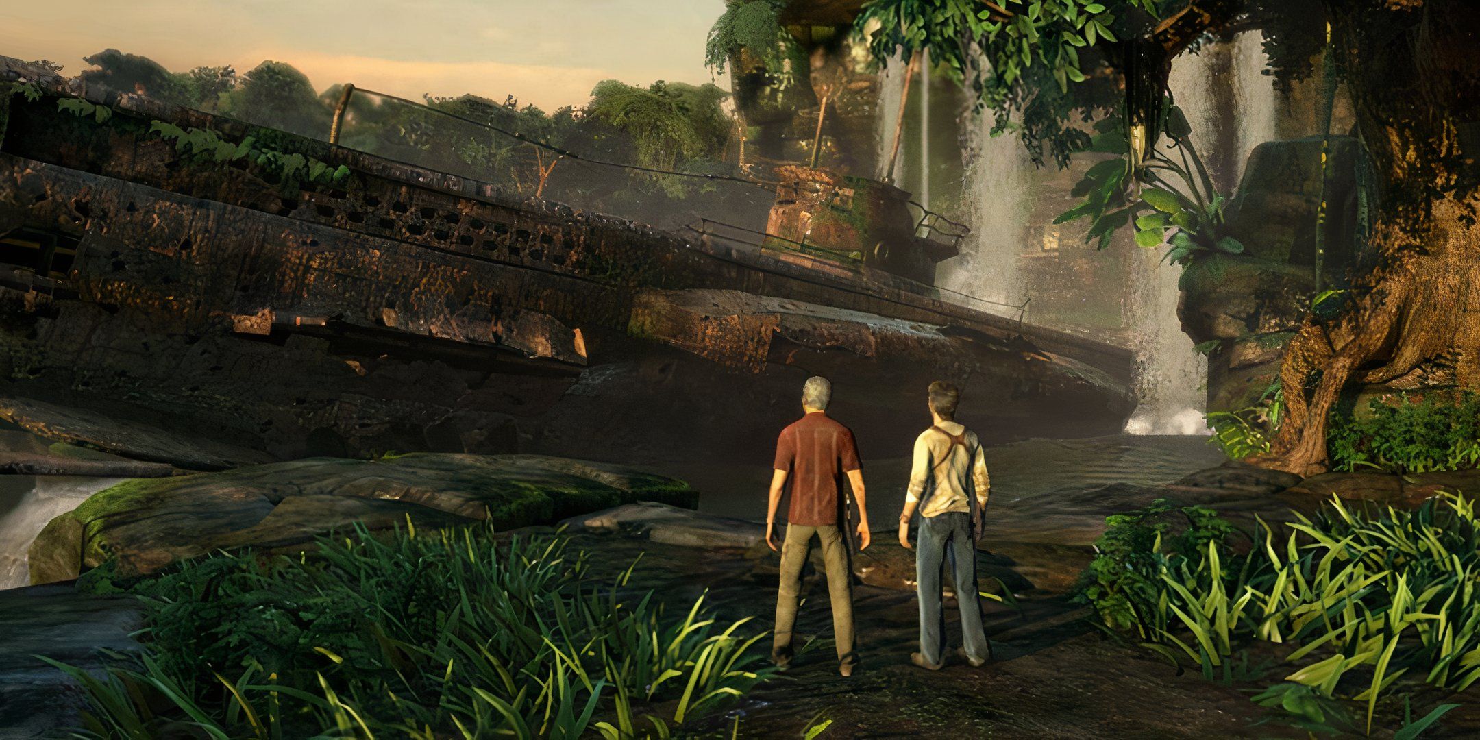 Nathan Drake and Sully standing in front of a submarine in Uncharted: Drake's Fortune. 