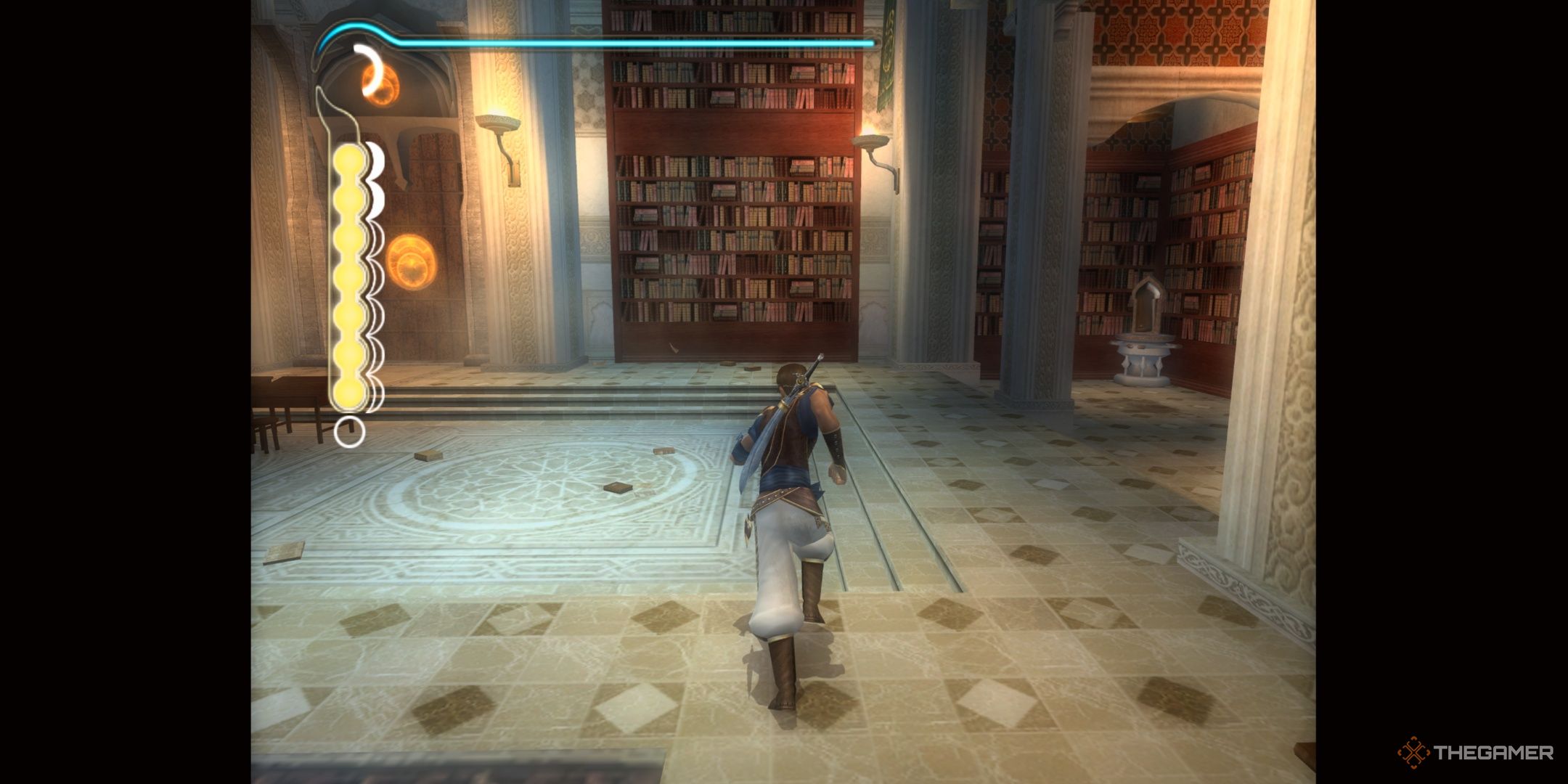 The main character running through a stone hallway.