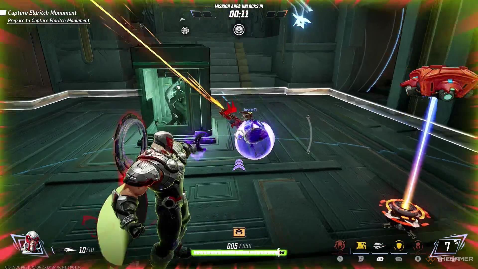 Magneto using his Metal Bulwark ability to protect Rocket in Marvel Rivals.