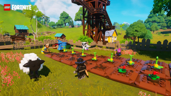 A Lego person tends to their farm in Lego Fortnite, one of the best games like Minecraft.