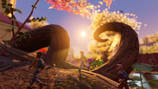 Players look up at giant growths in the garden in Grounded, one of the best games like Minecraft.