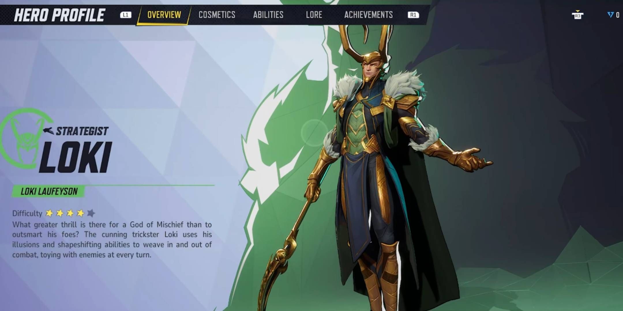 Loki's hero profile in the hero overview menu of Marvel Rivals.