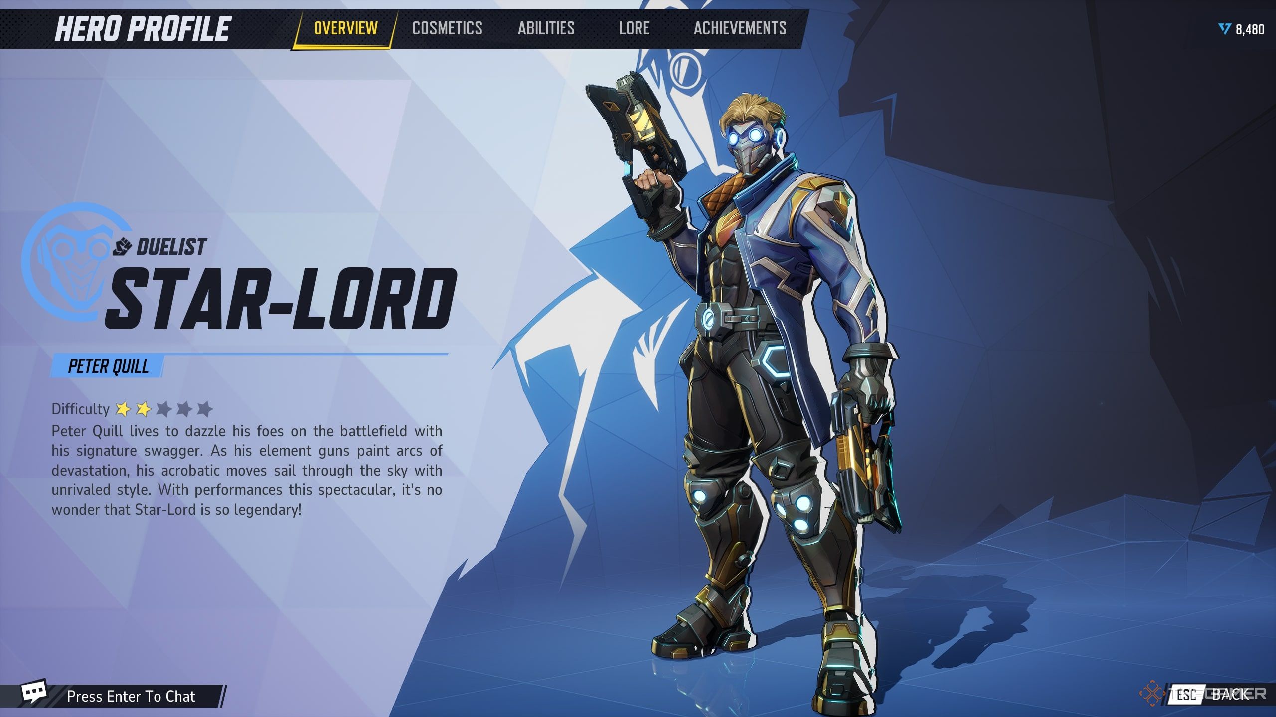 Star Lord's Hero Screen in Marvel Rivals.