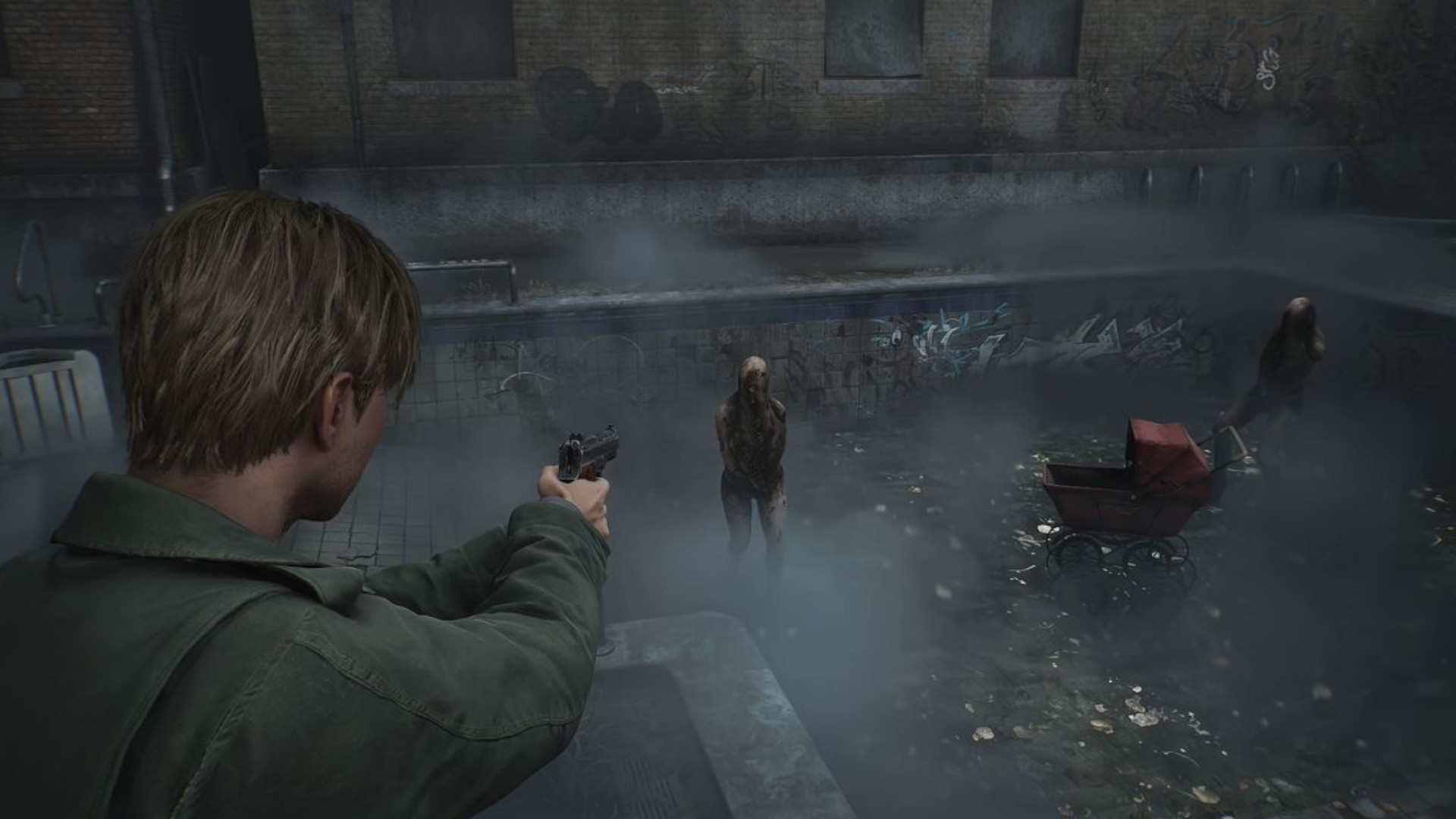 James shooting monsters in a drained pool in Silent Hill 2, within which is a red pram