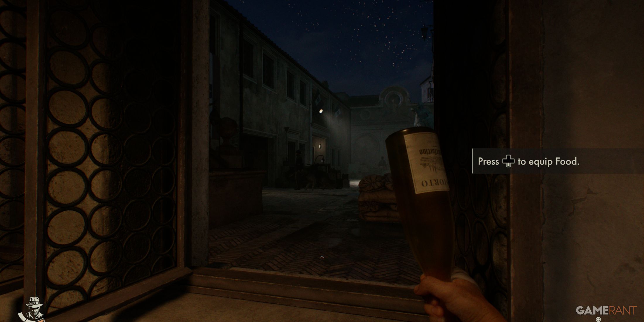 A hand holding a glass bottle near a dark alley with the prompt 'Press D-Pad to equip Food' in Indiana Jones and The Great Circle