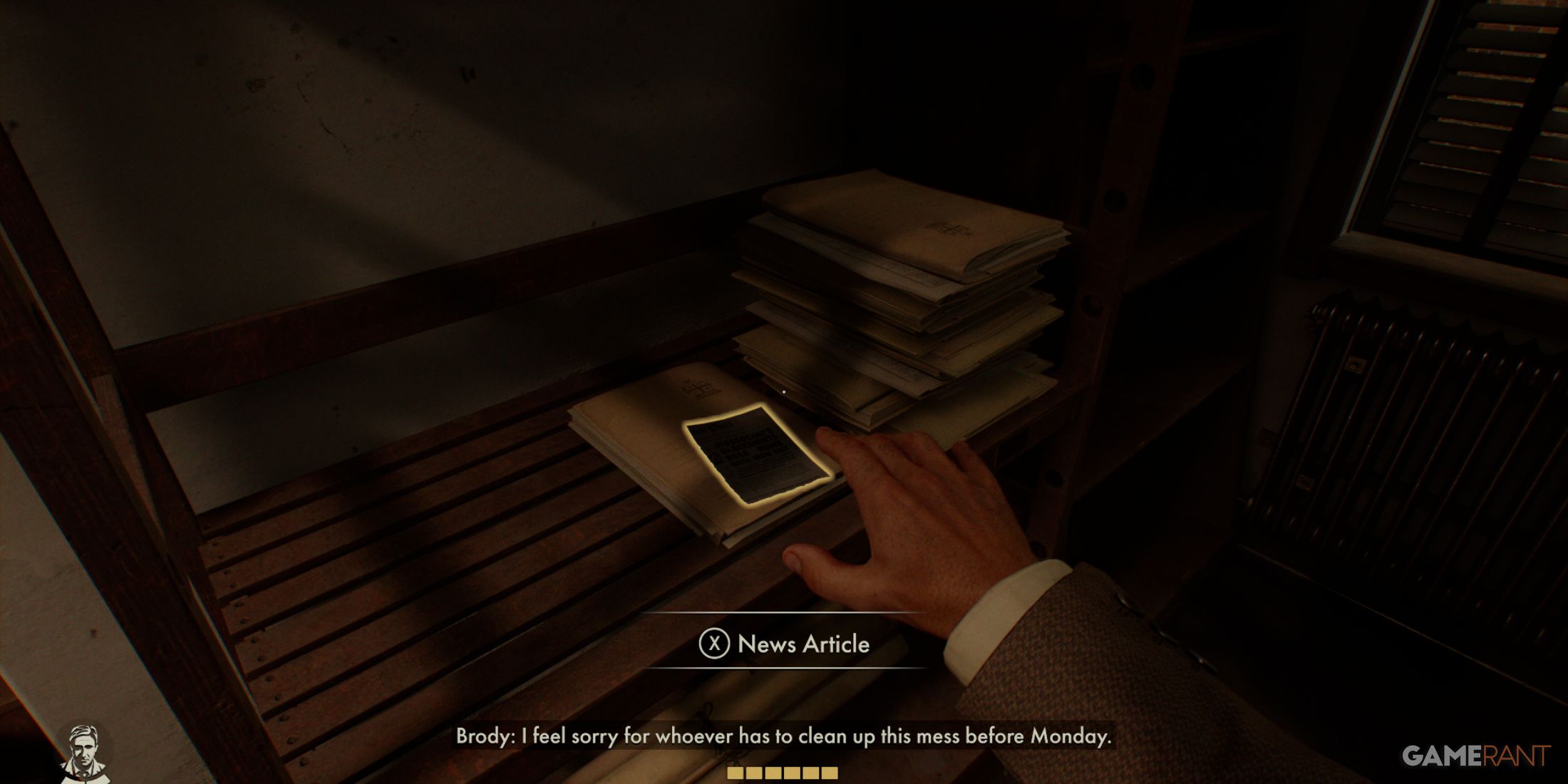 A hand reaching for a 'News Article' on a cluttered wooden shelf with dim lighting in Indiana Jones and The Great Circle