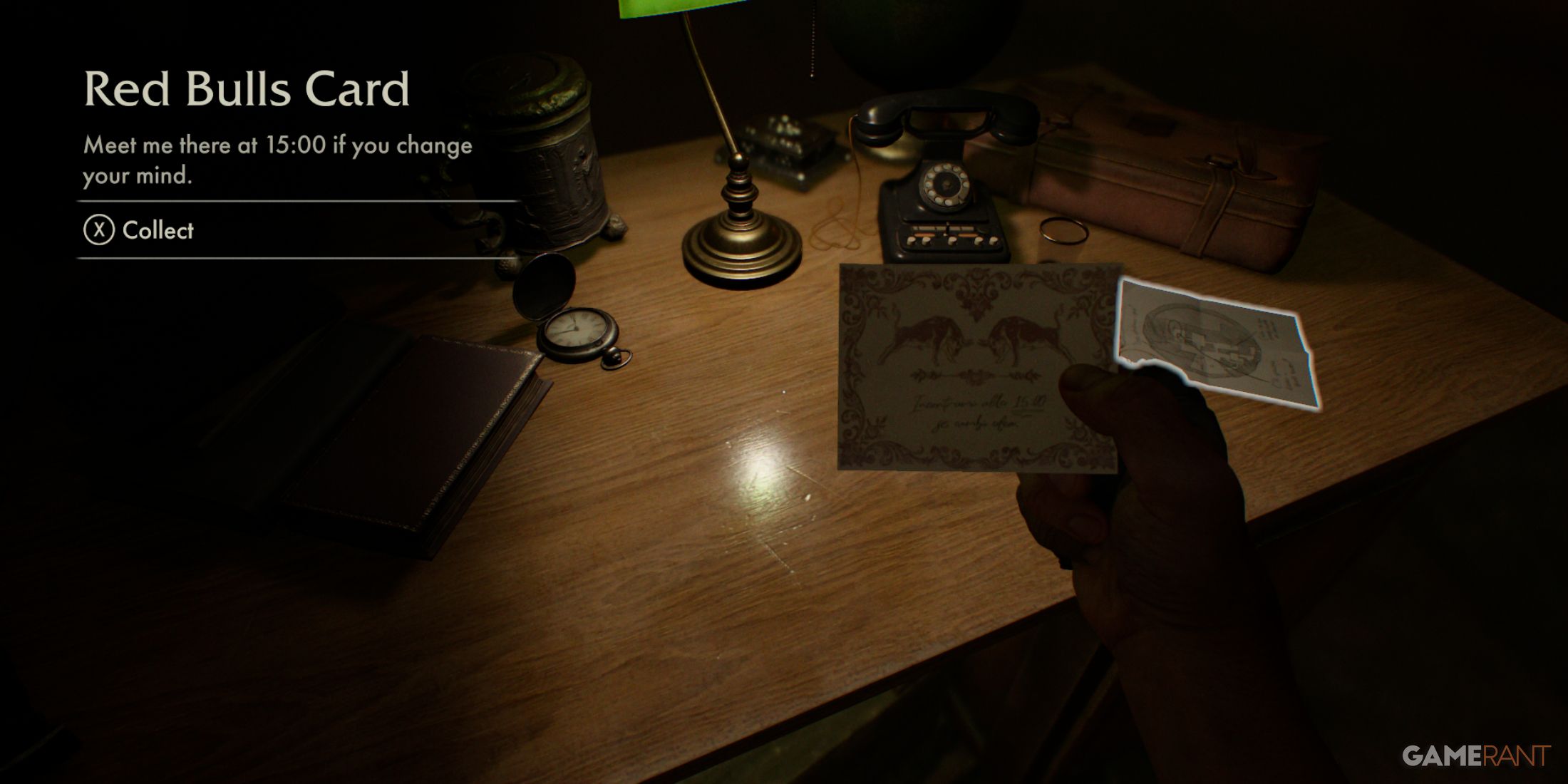 A hand holding a 'Red Bulls Card' on a vintage desk surrounded by classic items in Indiana Jones and The Great Circle