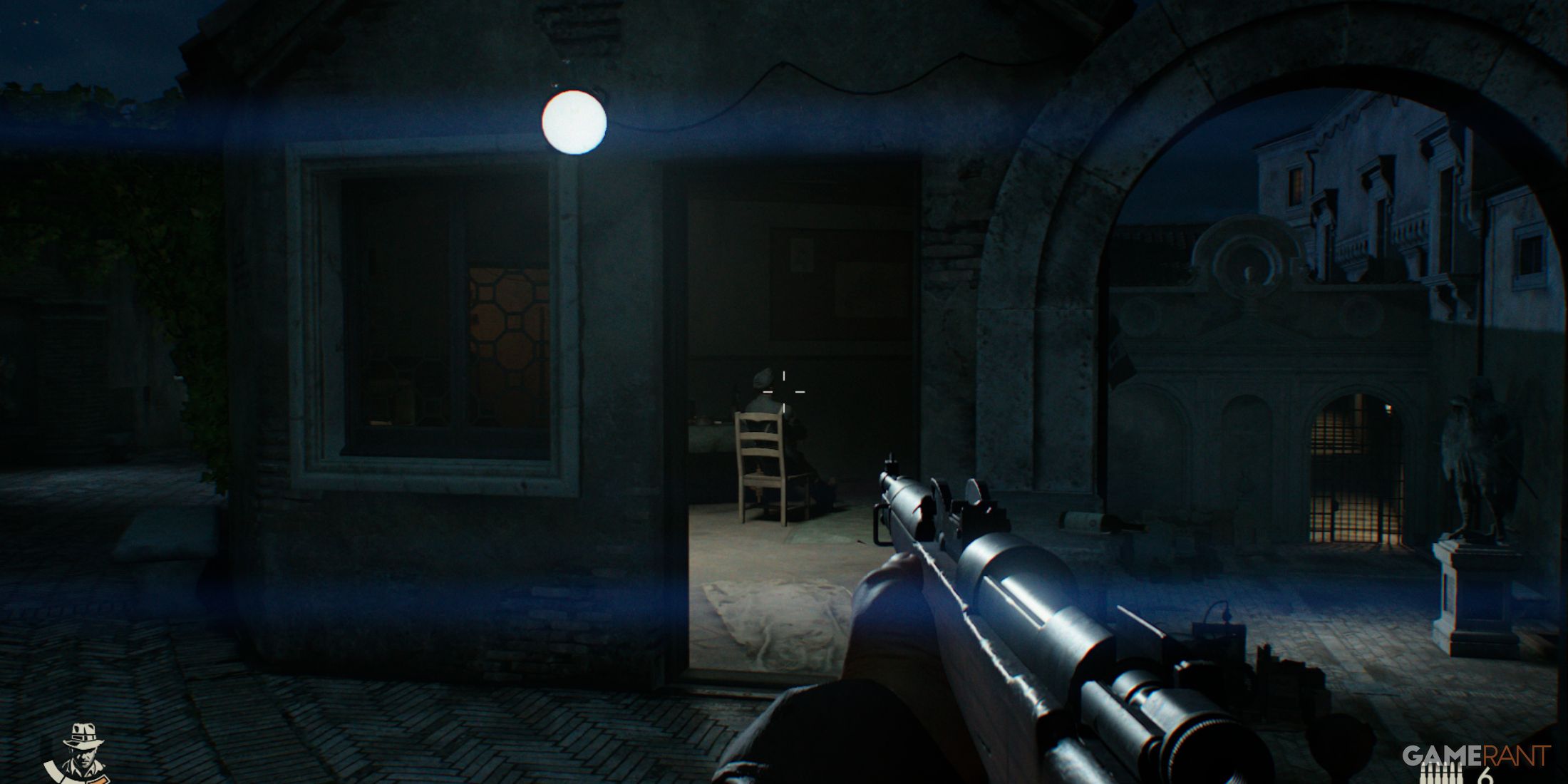 Indiana Jones aiming a rifle at an open doorway in a quiet courtyard under the night sky in The Great Circle