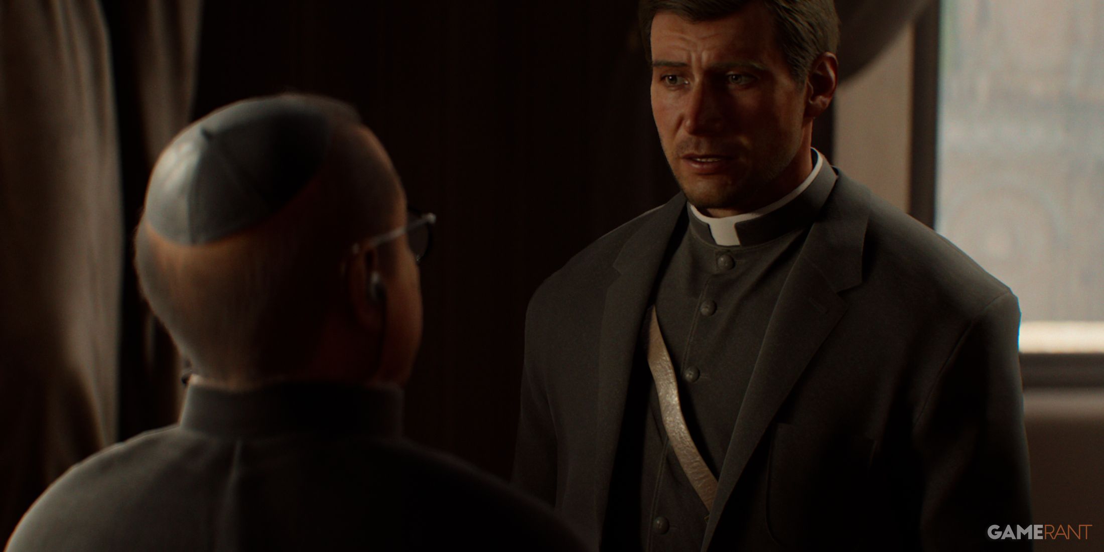 Two characters having a serious conversation, one dressed as a priest, highlighting undercover tactics in The Great Circle