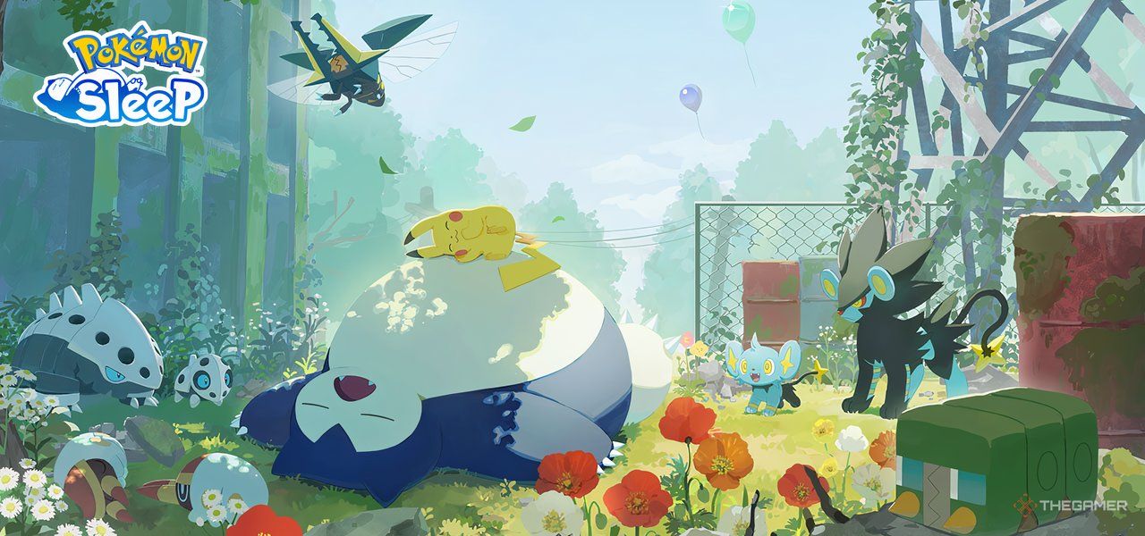 Pokemon Sleep Old Gold Power Plant location banner with Pikachu and Pokemon sleeping around Snorlax.