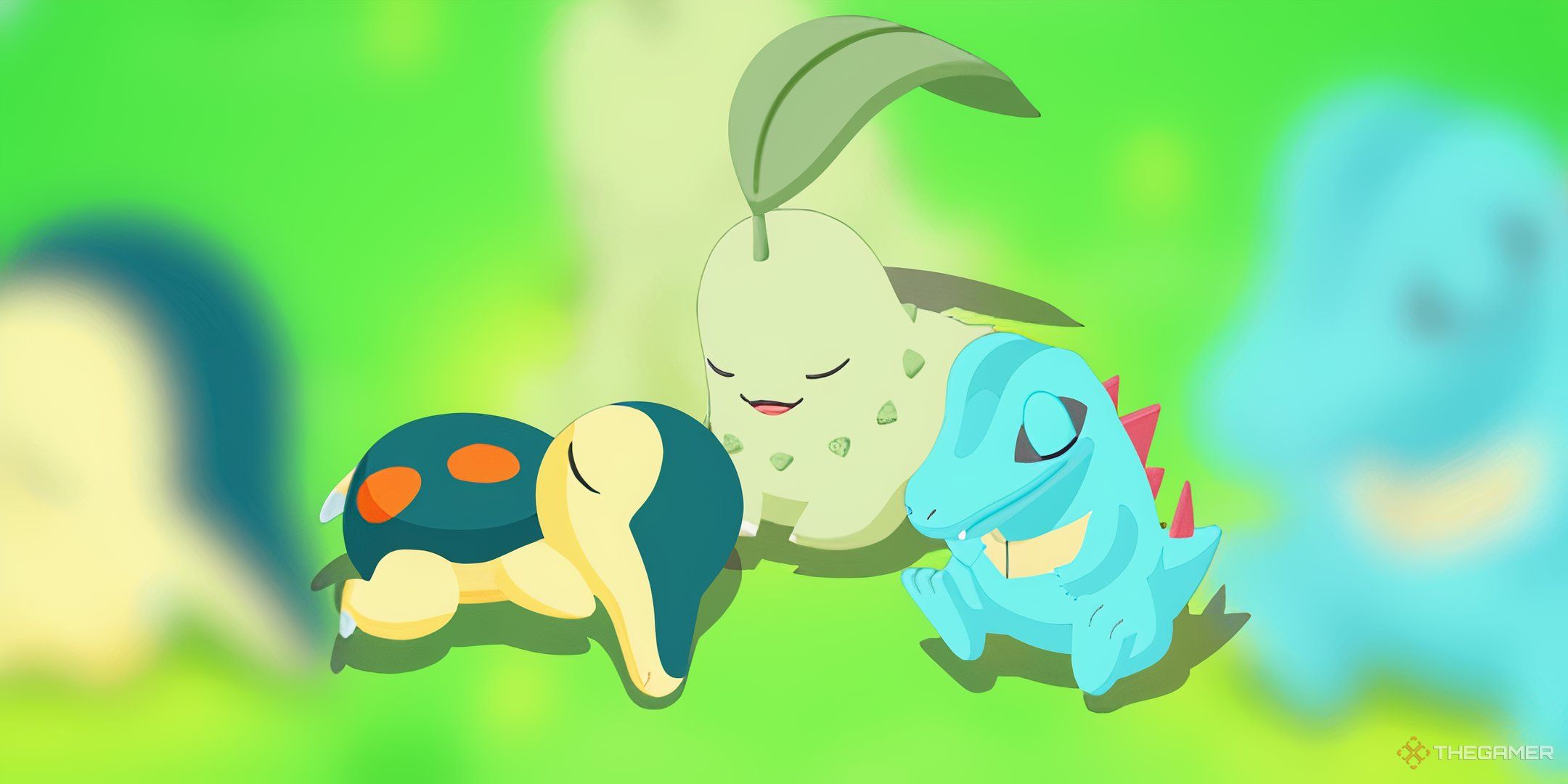 Sleeping Cyndaquil, Chikorita, and Totodile on a blurred background from Pokemon Sleep.