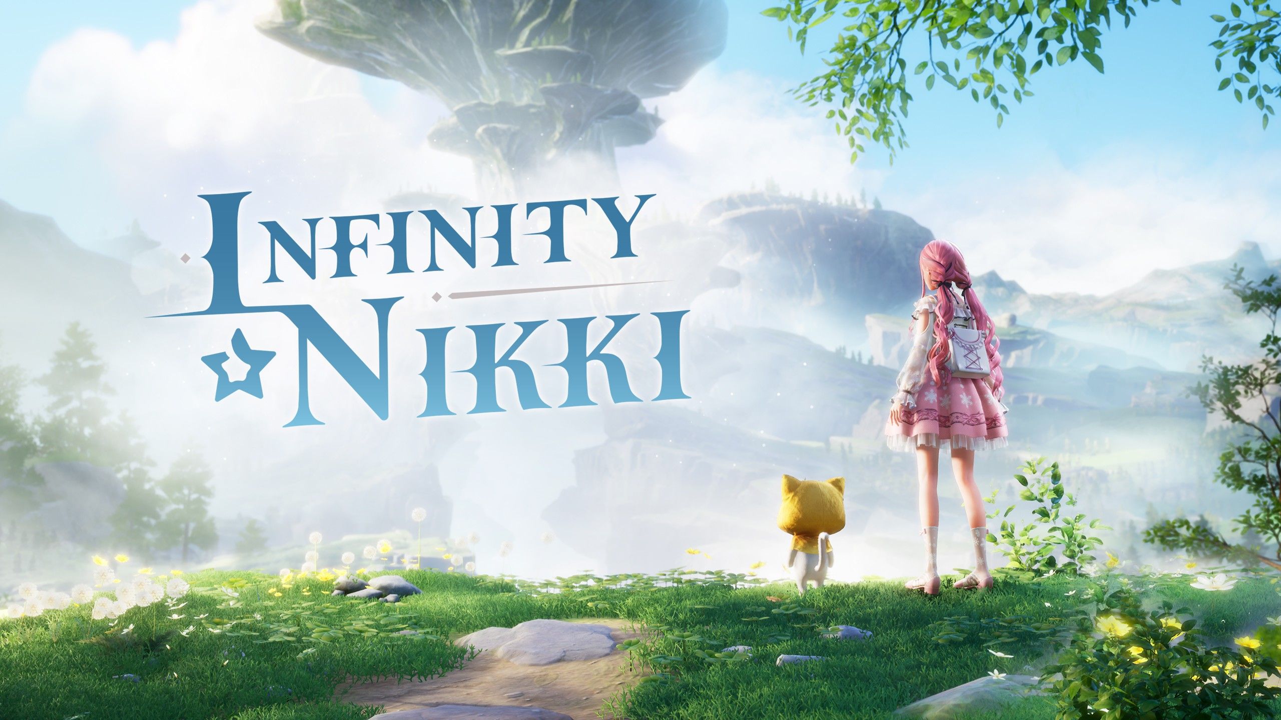 Nikki and Momo looking out over Miraland with the logo for Infinity Nikki.