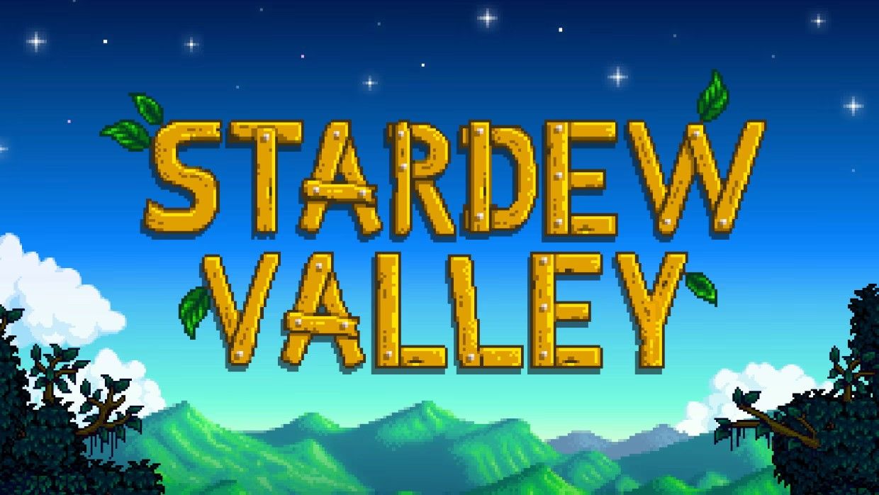 The pixelated Stardew Valley logo over the game's start screen.