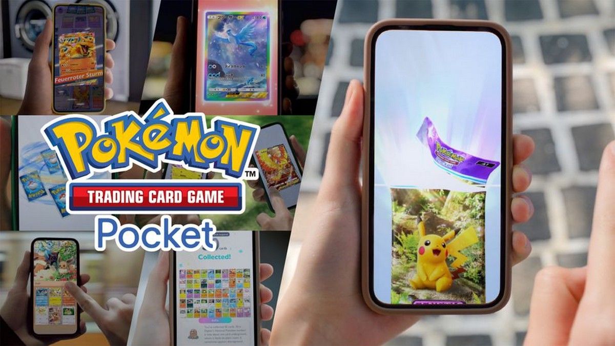 Promotional thumbnail for Pokemon TCG Pocket with a hand playing the game on a phone.