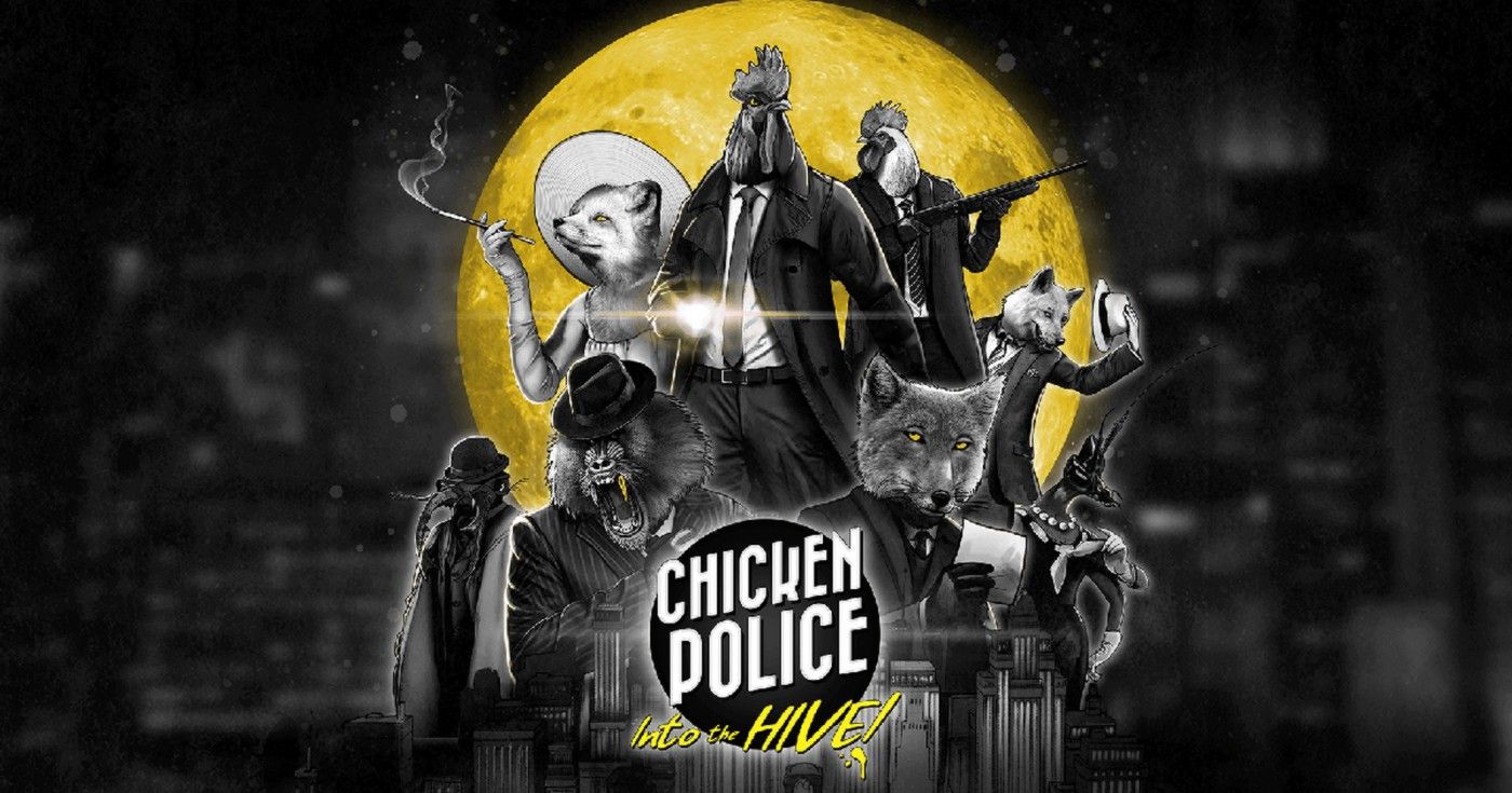 The cover art for Chicken Police Into the Hive in front of a full moon in color.