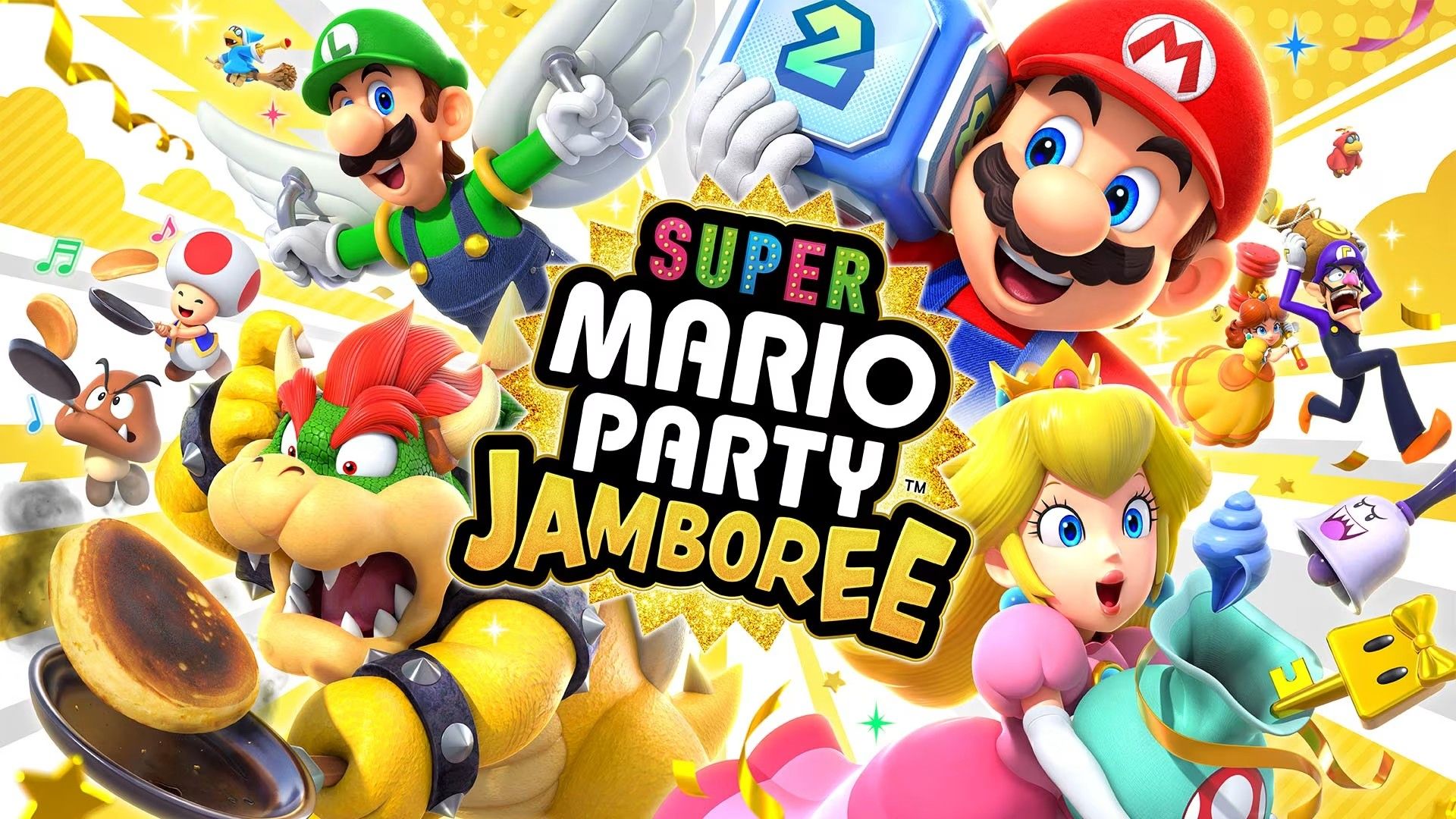 Cover art for Super Mario Party Jamboree with several characters and items from the game.