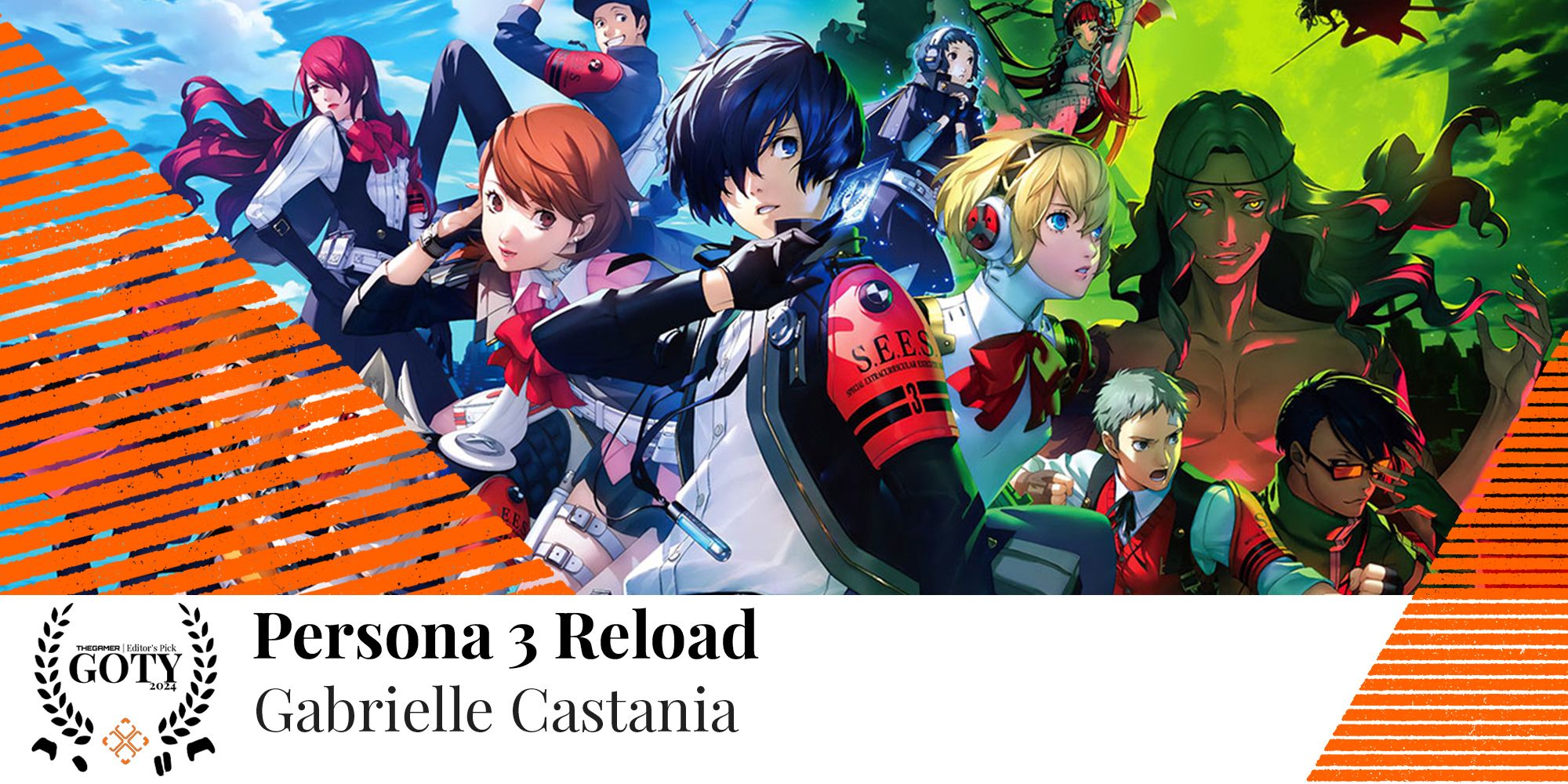 Promotional art for Persona 3 Reload with the overlay for Gabrielle Castania's Game of the Year pick.