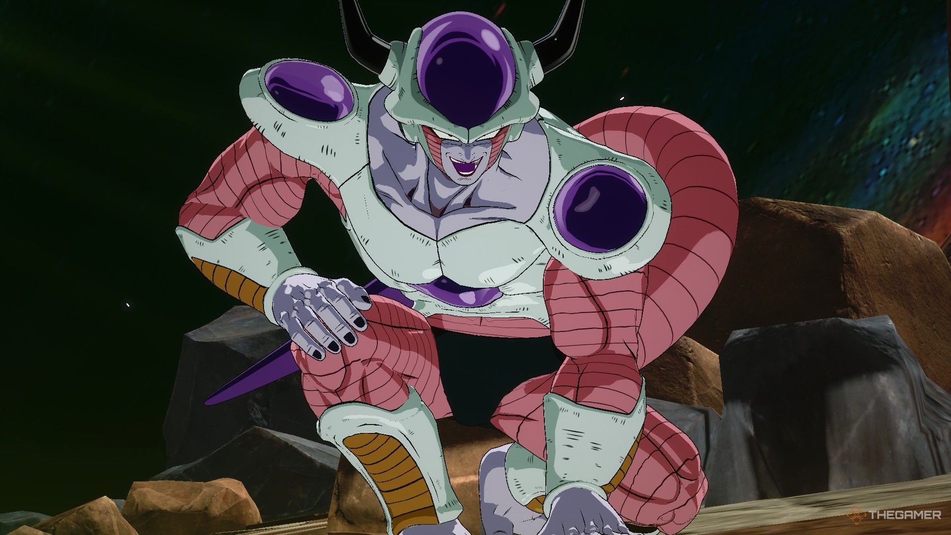 Dragon Ball Sparking Zero image showing Frieza on his 2nd form kneeling.